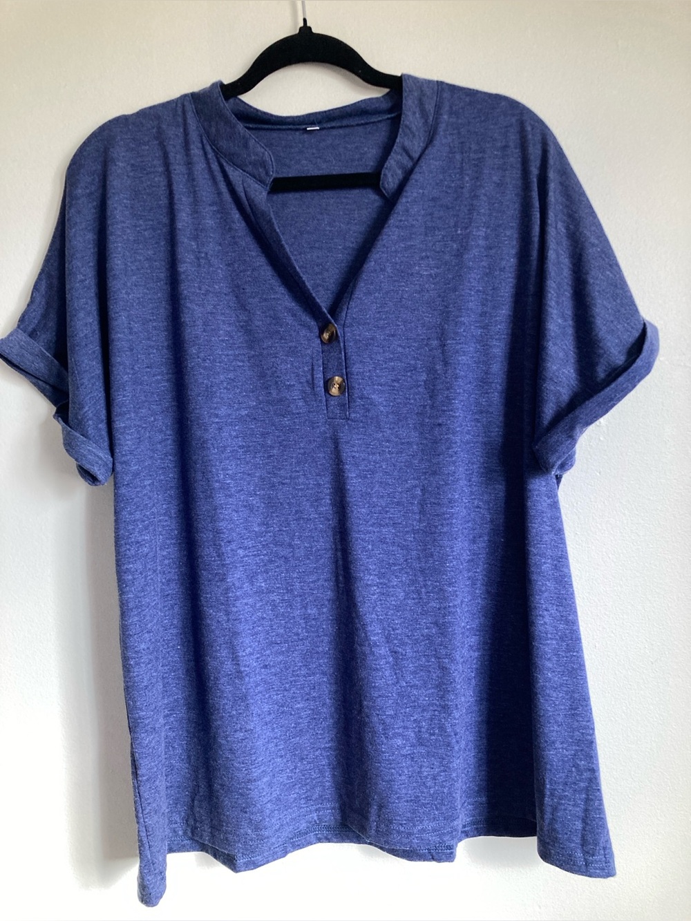 65% Rayon Heathered Navy Short-Sleeve V-Notch Top